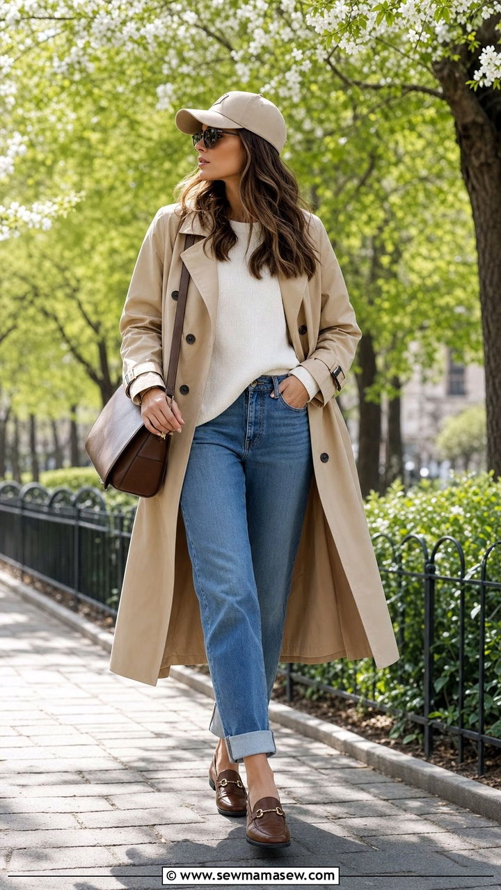 Trench Coat With Baseball Cap And Straight Leg Jeans - 25 spring outfits with baseball cap