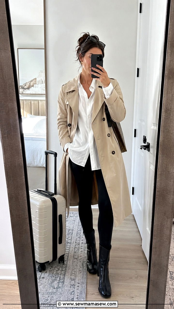 Trench Coat With Black Leggings And Mid Calf Boots - 30 Spring outfits with trench coats