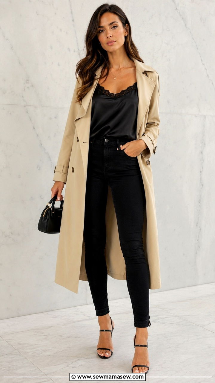Trench Coat With Black Skinny Jeans And Heeled Sandals - 30 Spring outfits with trench coats