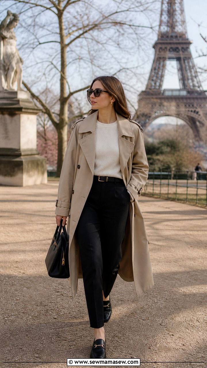 Trench Coat With Black Trousers and Loafers - 40 Paris outfit ideas