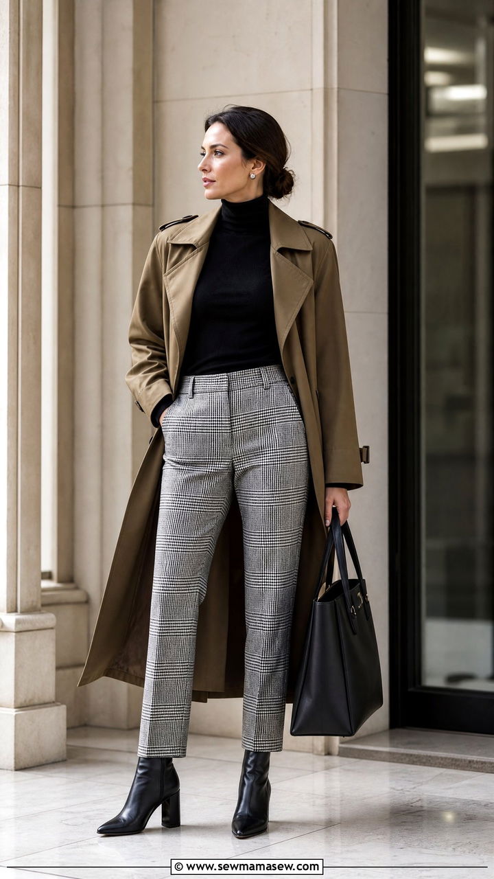 Trench Coat With Black Turtleneck And Plaid Trousers - 25 Old money outfit ideas with trench coat