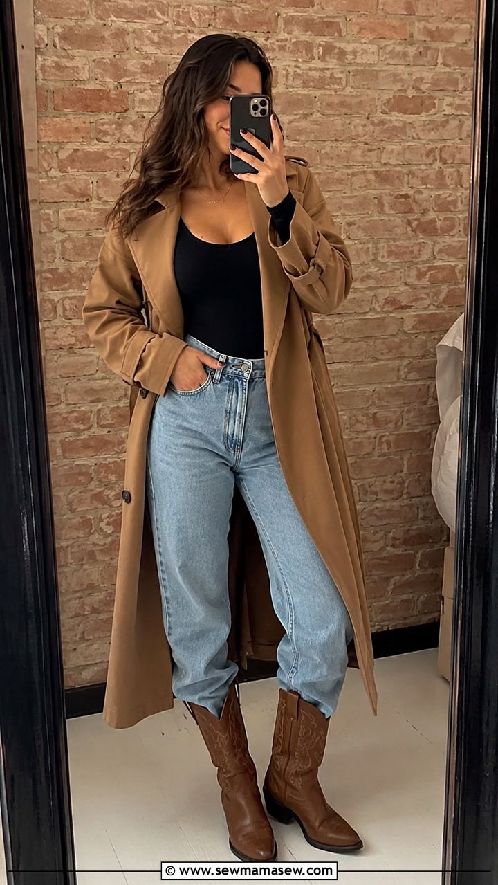 Trench Coat With Bodysuit and Western Boots - 25 Baggy jeans outfit ideas with a trench coat