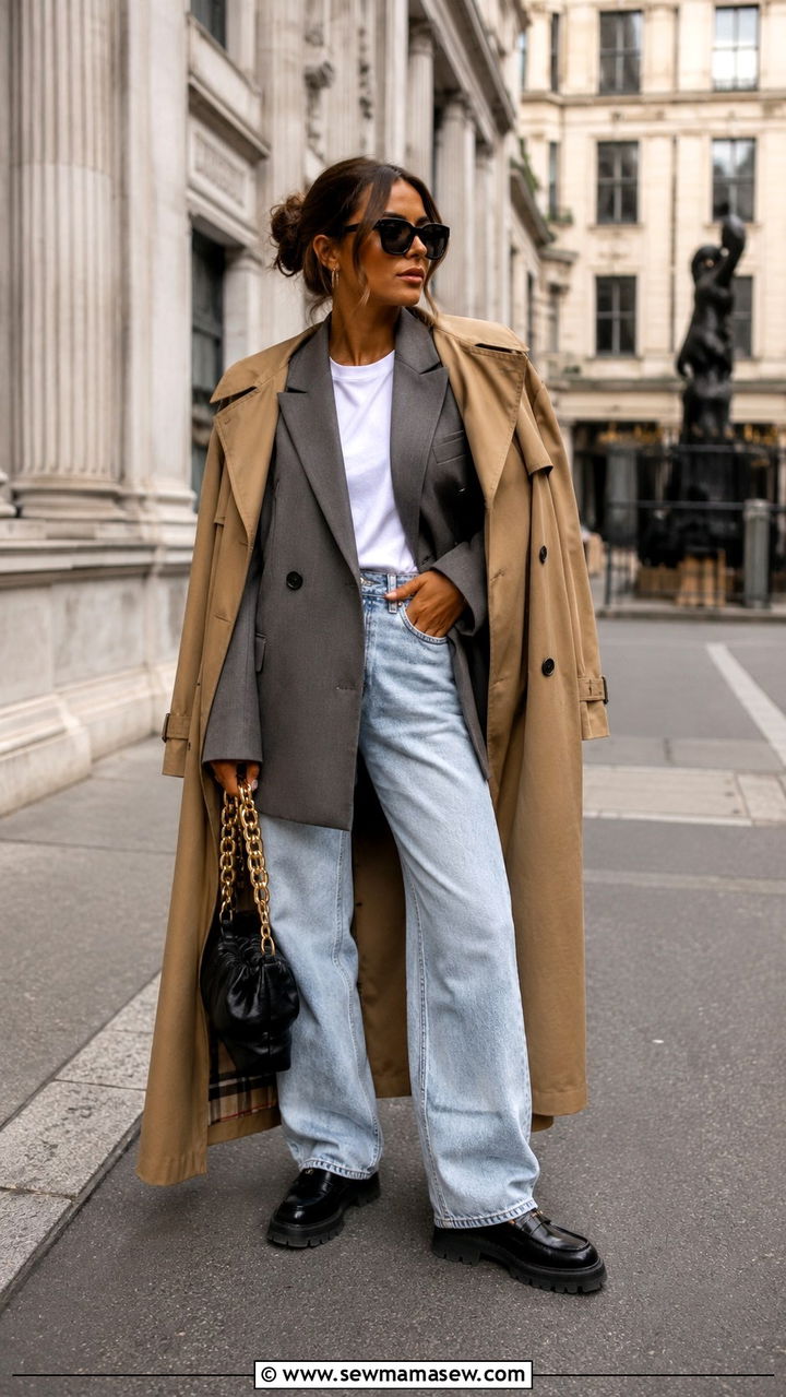 Trench Coat With Boyfriend Blazer and Chunky Loafers - 25 Baggy jeans outfit ideas with a trench coat