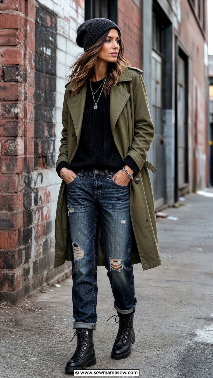 Trench Coat With Boyfriend Jeans and Combat Boots - 25 Boyfriend jeans outfit ideas with a trench coat