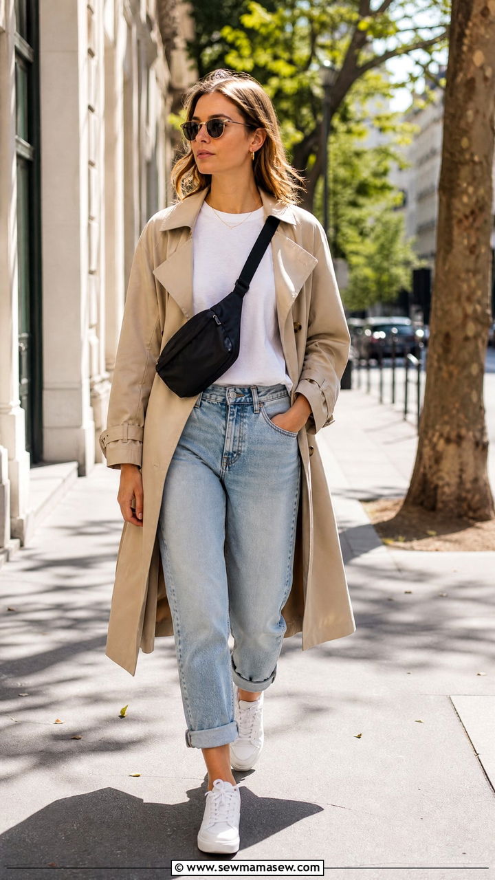 Trench Coat With Boyfriend Jeans and White Sneakers - 25 Boyfriend jeans outfit ideas with a trench coat