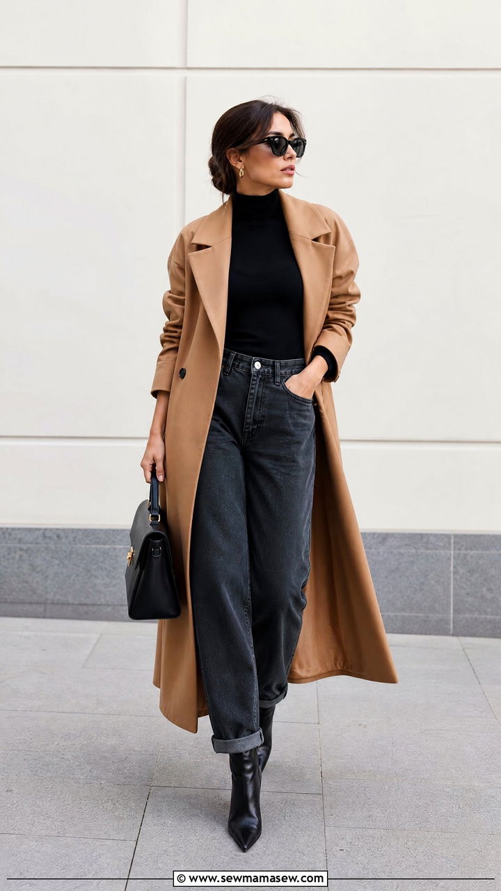 Trench Coat With Boyfriend Jeans and a Black Turtleneck - 25 Boyfriend jeans outfit ideas with a trench coat