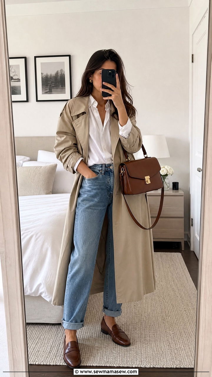 Trench Coat With Boyfriend Jeans and a Button Down Shirt - 25 Boyfriend jeans outfit ideas with a trench coat