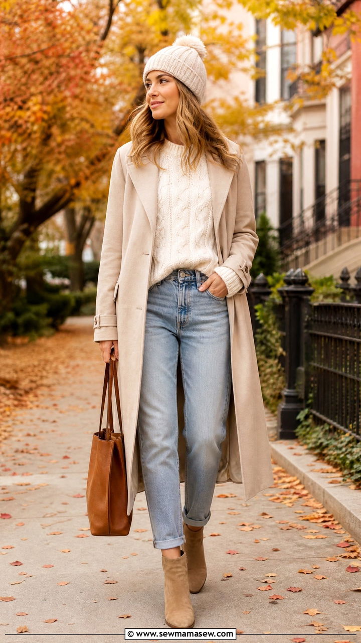 Trench Coat With Boyfriend Jeans and a Cable Knit Sweater - 25 Boyfriend jeans outfit ideas with a trench coat