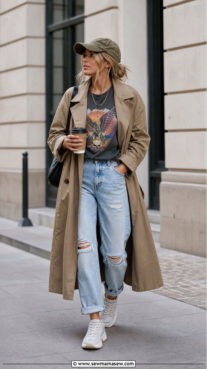 Trench Coat With Boyfriend Jeans and a Graphic Tee - 25 Boyfriend jeans outfit ideas with a trench coat