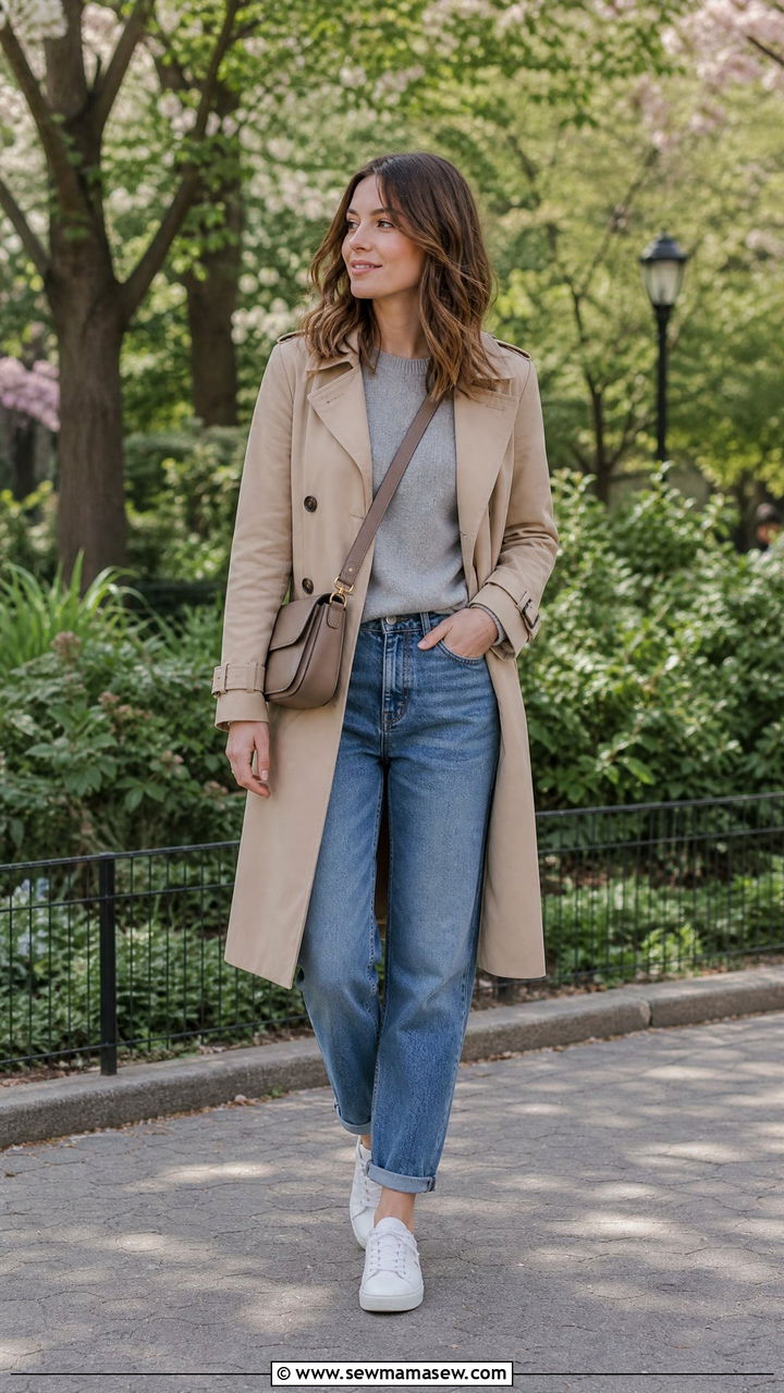 Trench Coat With Boyfriend Jeans and a Gray Crewneck - 25 Boyfriend jeans outfit ideas with a trench coat