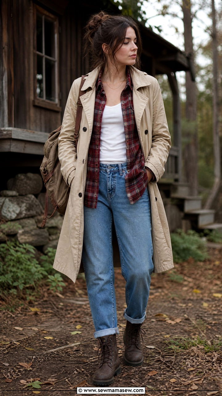 Trench Coat With Boyfriend Jeans and a Plaid Flannel - 25 Boyfriend jeans outfit ideas with a trench coat
