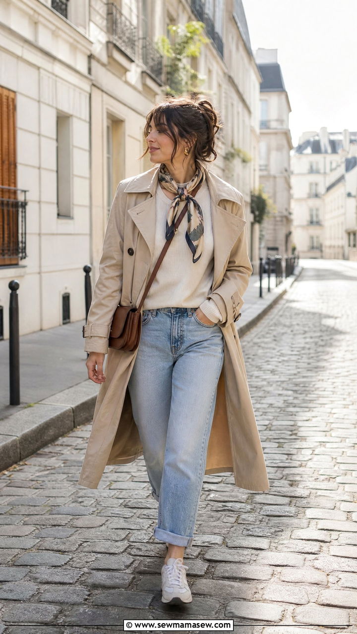 Trench Coat With Boyfriend Jeans and a Scarf - 25 Boyfriend jeans outfit ideas with a trench coat