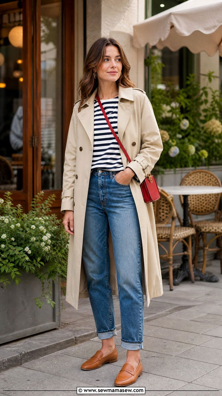 Trench Coat With Boyfriend Jeans and a Striped Top - 25 Boyfriend jeans outfit ideas with a trench coat