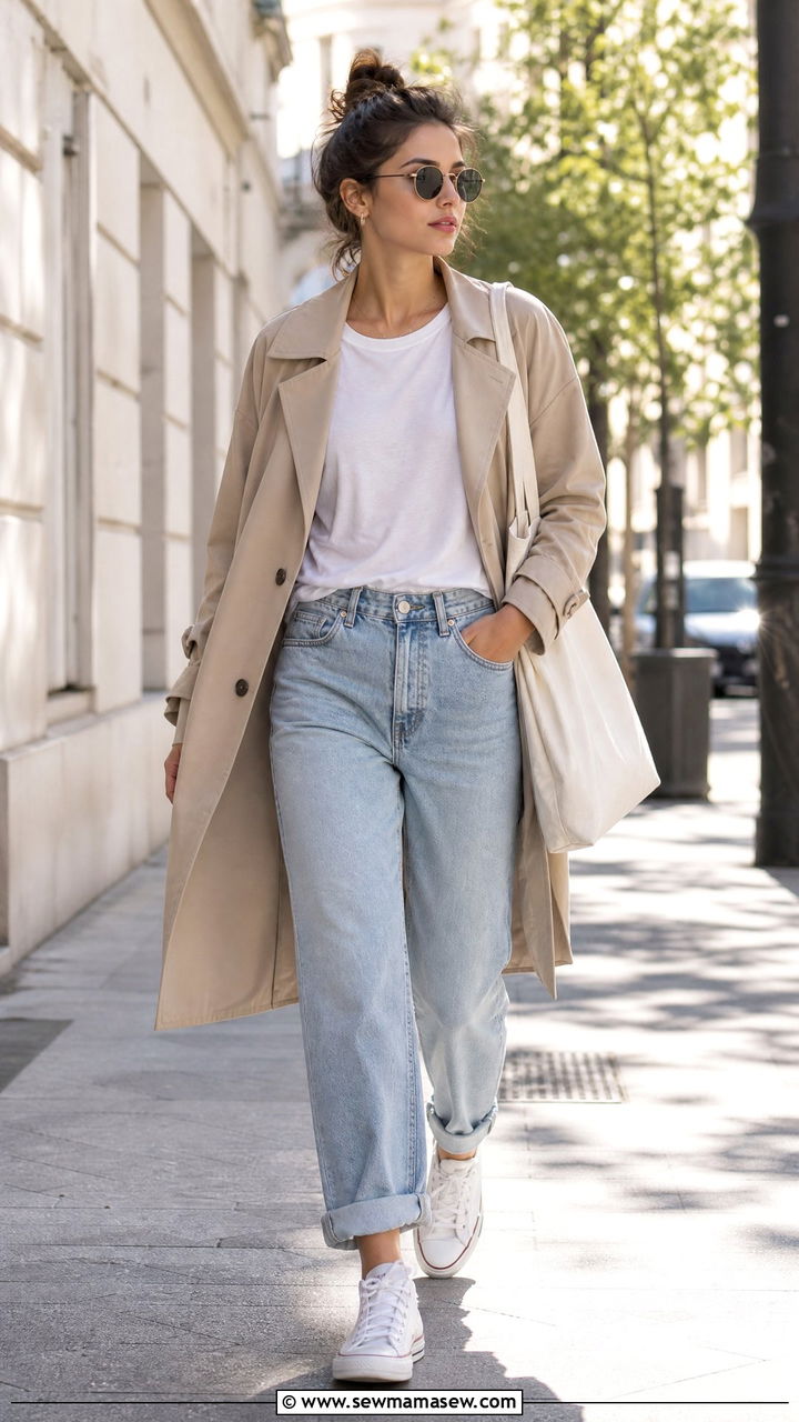 Trench Coat With Boyfriend Jeans and a White Tee - 25 Boyfriend jeans outfit ideas with a trench coat