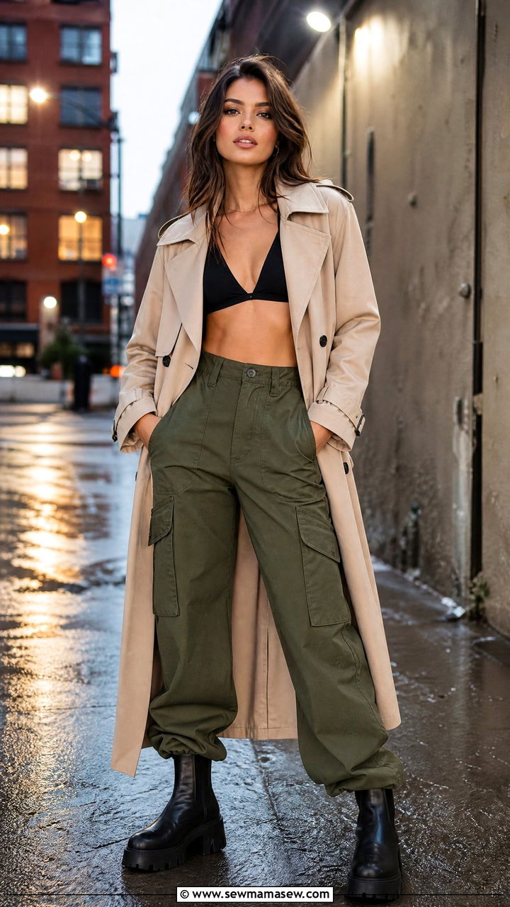 Trench Coat With Bralette And Cargo Pants And Boots - 30 Edgy spring outfits