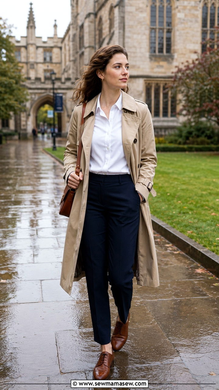Trench Coat With Button Down And Tailored Trousers - 25 Professor outfit ideas