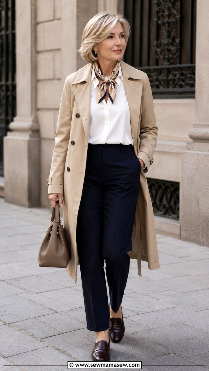 Trench Coat With Button Down And Trousers - 25 Outfit ideas for women over 50 weekend