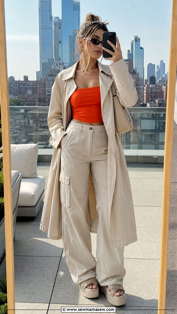 Trench Coat With Cargo Pants And Tube Top Outfit - 30 Summer outfits with trench coat