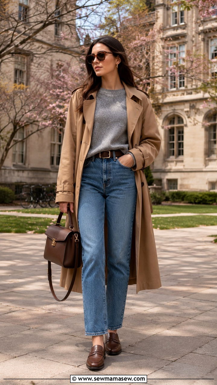Trench Coat With Cashmere Sweater And Penny Loafers - 25 trench coat outfits 2026