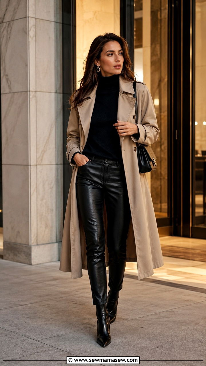 Trench Coat With Cashmere Turtleneck And Slim Leather Pants - 25 Old money outfit ideas with trench coat