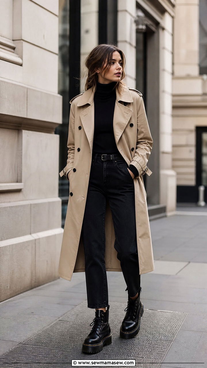 Trench Coat With Chunky Boots - 25 classy grunge outfit ideas