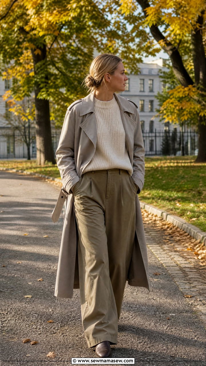 Trench Coat With Chunky Knit And Wide Leg Trousers - 30 casual scandinavian outfits