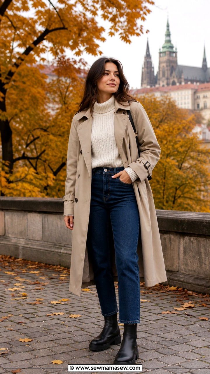 Trench Coat With Chunky Knit Sweater And High Waisted Jeans For Prague Fall - 40 What to wear in Prague