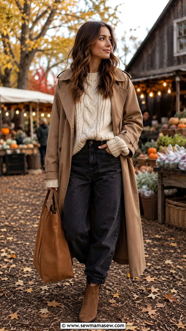 Trench Coat With Chunky Knit Sweater and Ankle Boots - 25 Baggy jeans outfit ideas with a trench coat