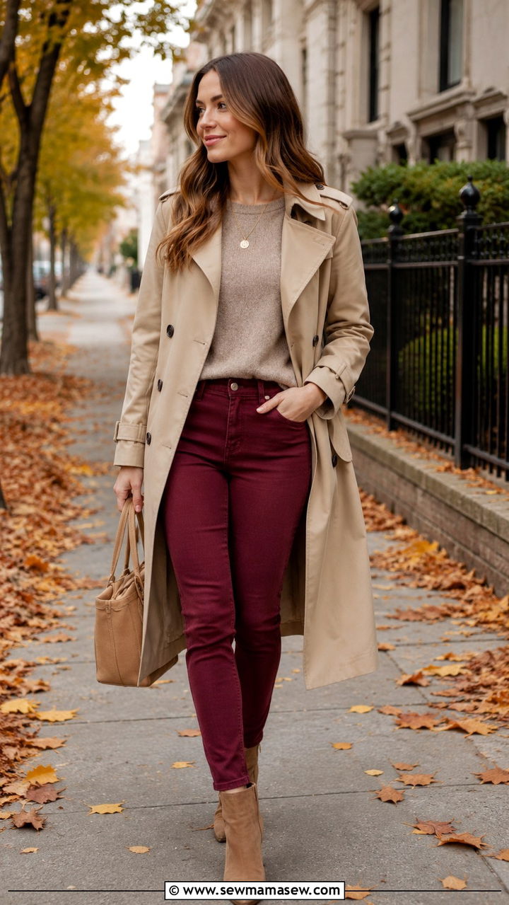 Trench Coat With Colored Jeans and Neutral Accessories - 30 Long trench coat outfit ideas with jeans