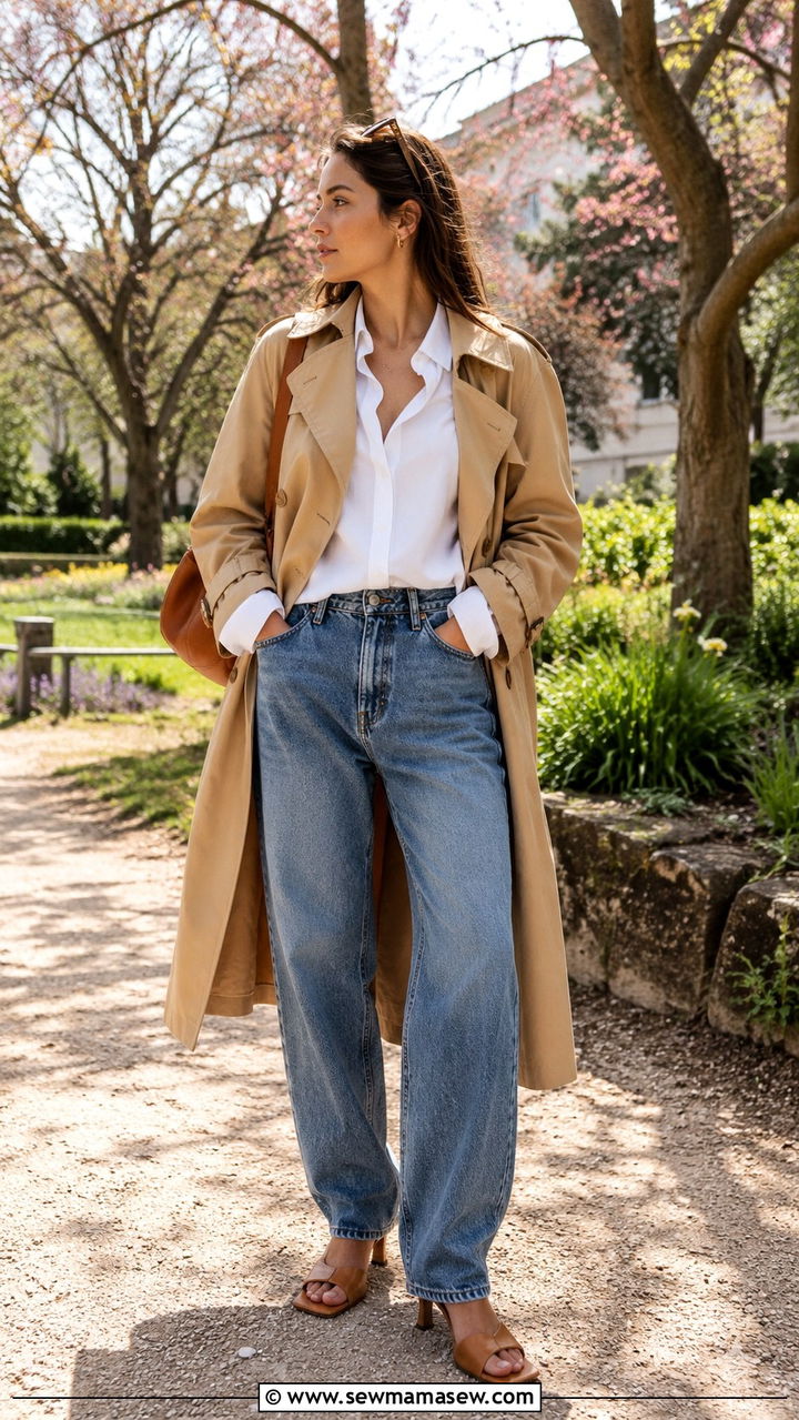 Trench Coat With Cotton Button Up Shirt and Mules - 25 Baggy jeans outfit ideas with a trench coat