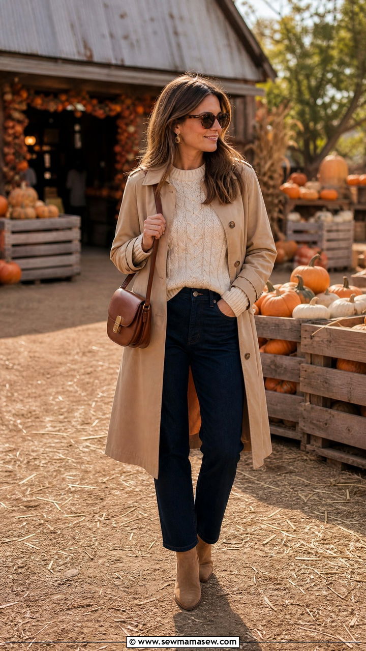 Trench Coat With Cream Cable Knit And Dark Wash Jeans - 25 Old money outfit ideas with trench coat