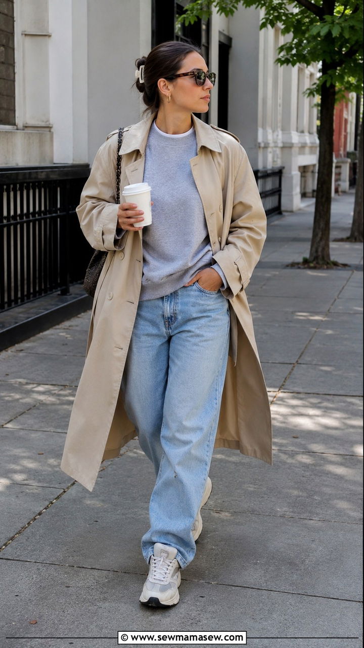 Trench Coat With Crewneck Sweatshirt and Dad Sneakers - 25 Baggy jeans outfit ideas with a trench coat