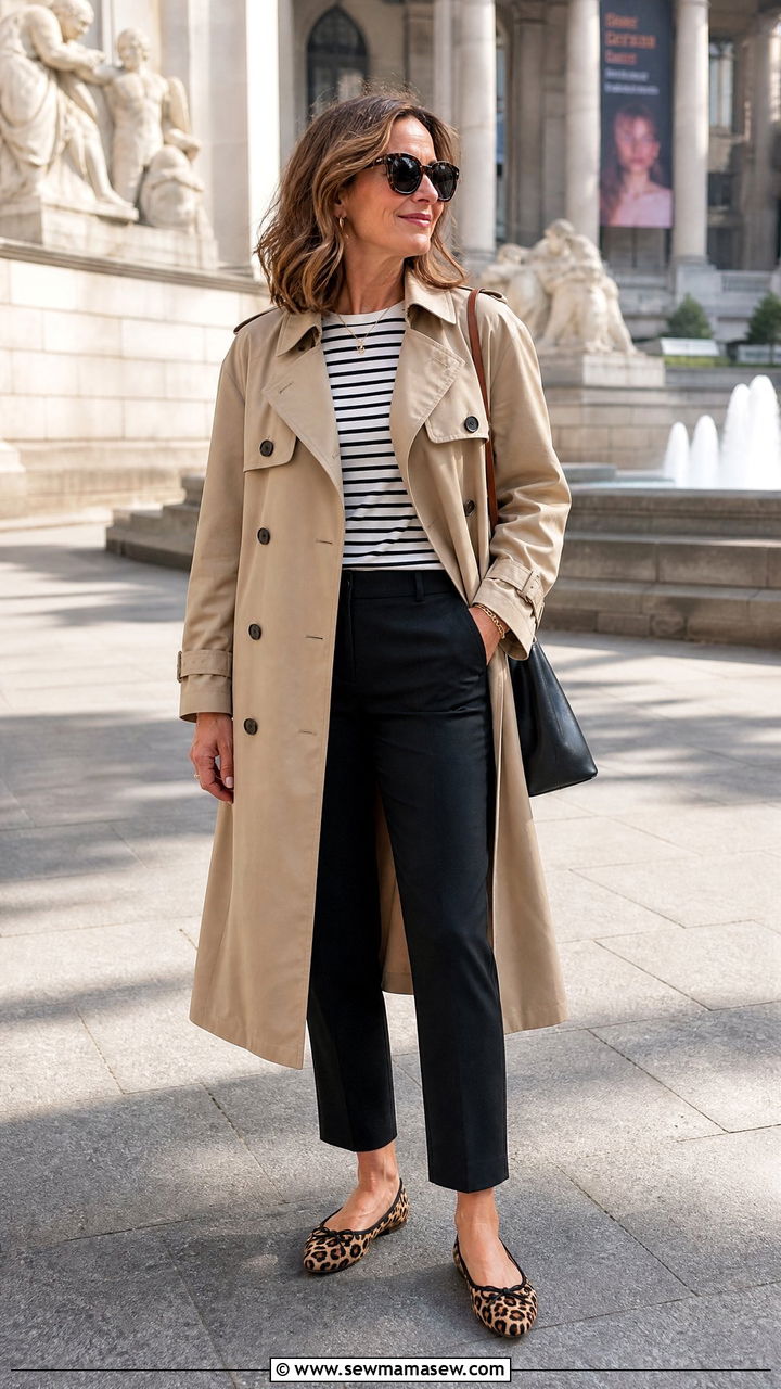 Trench Coat With Cropped Trousers And Flats - 35 Middle aged woman outfit ideas