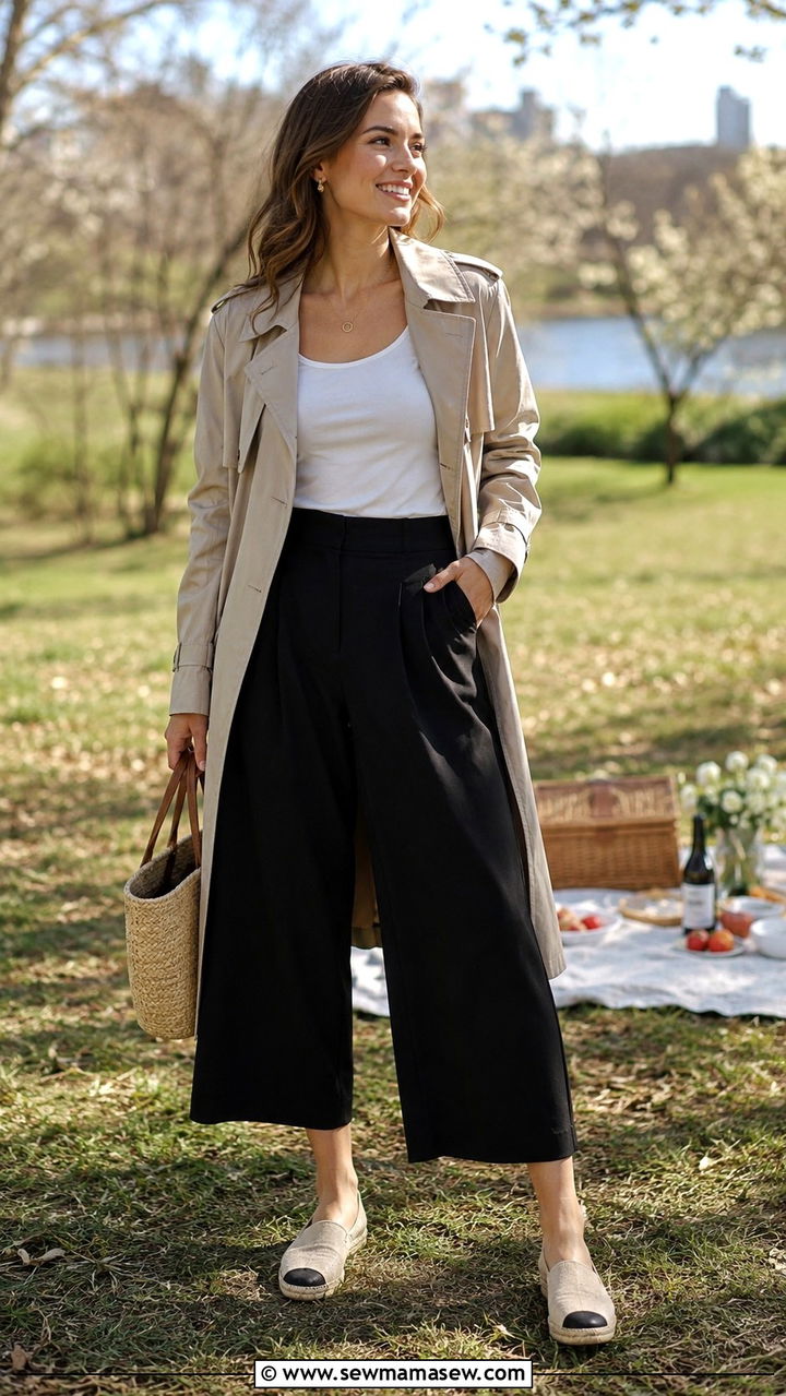 Trench Coat With Culottes And Espadrilles - 30 Spring outfits with trench coats