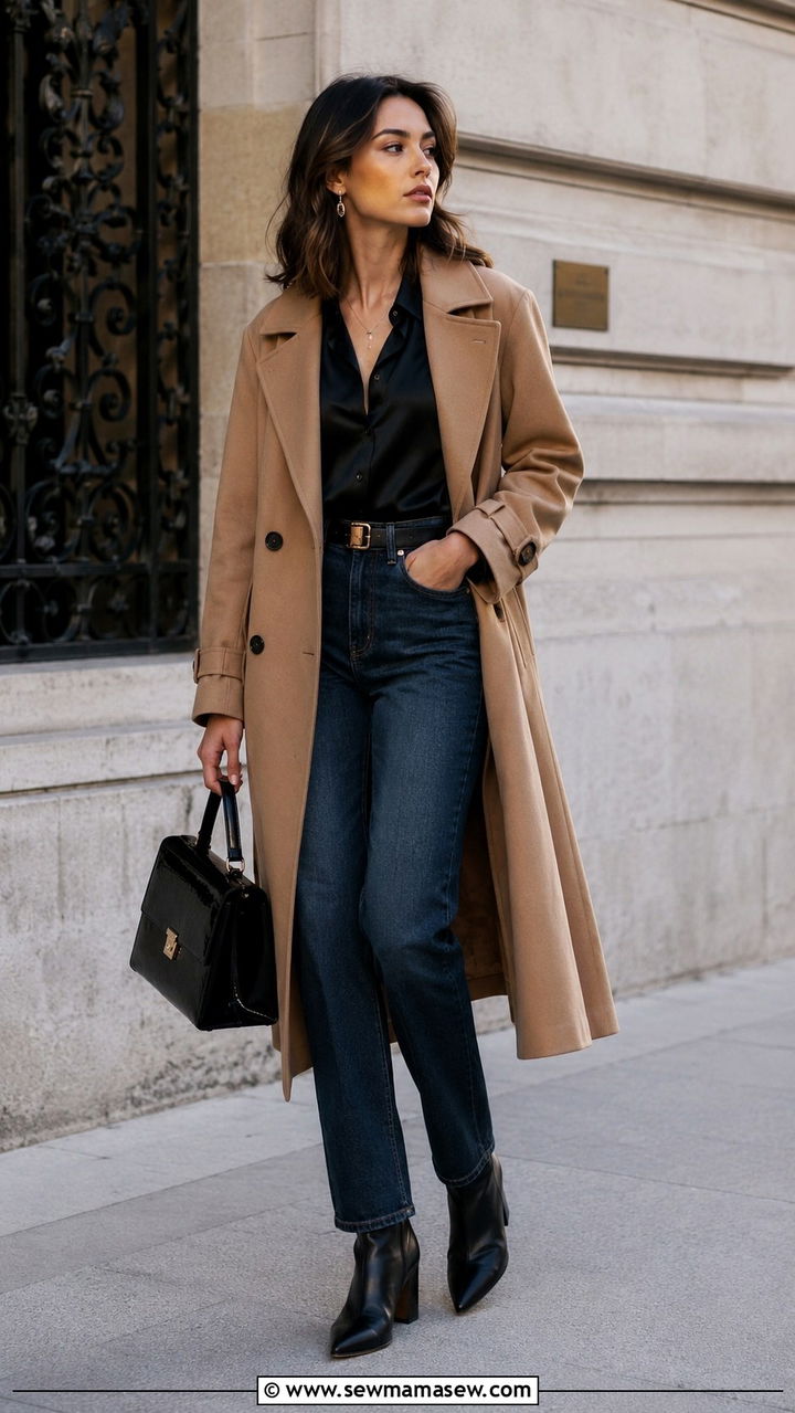 Trench Coat With Dark Wash High Waisted Jeans - 30 High waisted jeans outfit ideas with a trench coat