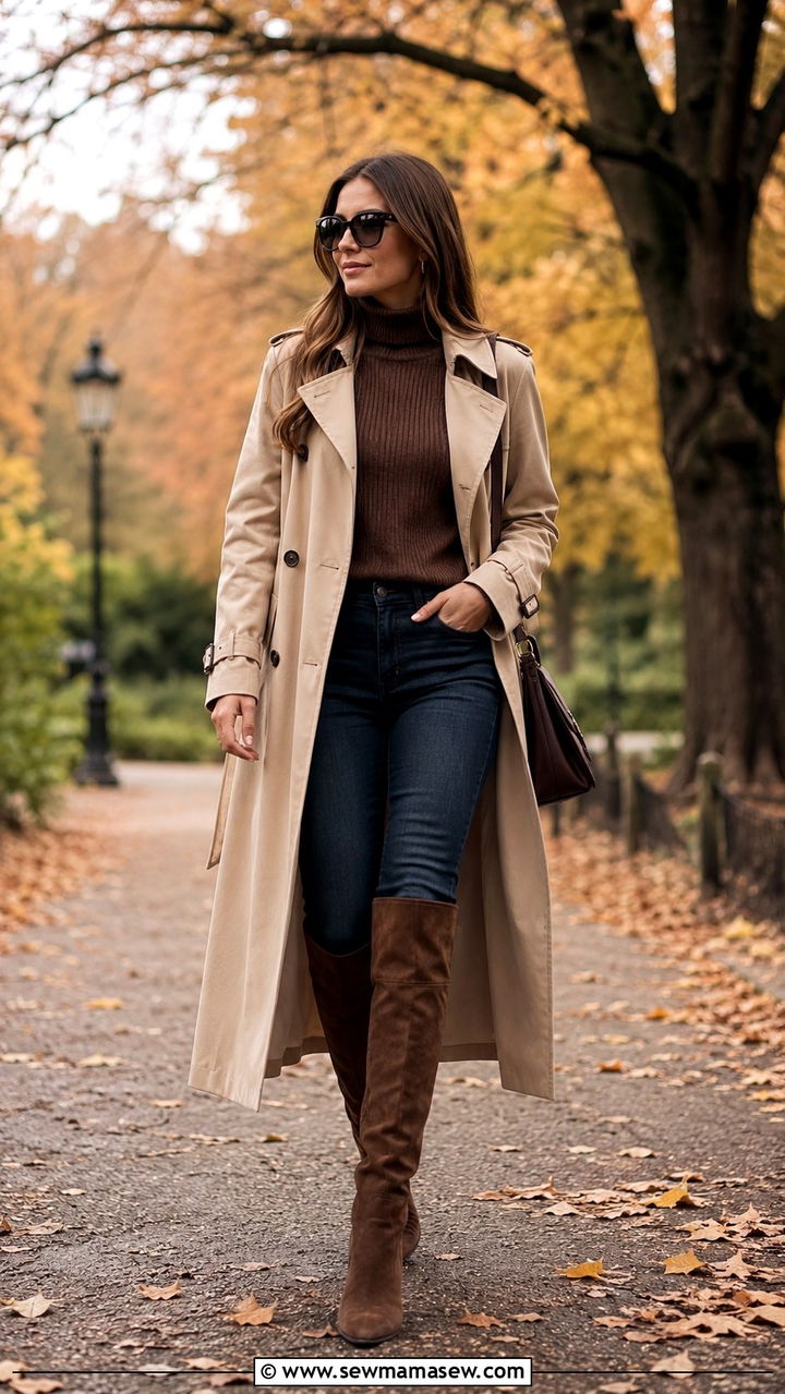 Trench Coat With Dark Wash Jeans and Knee High Boots - 30 Long trench coat outfit ideas with jeans