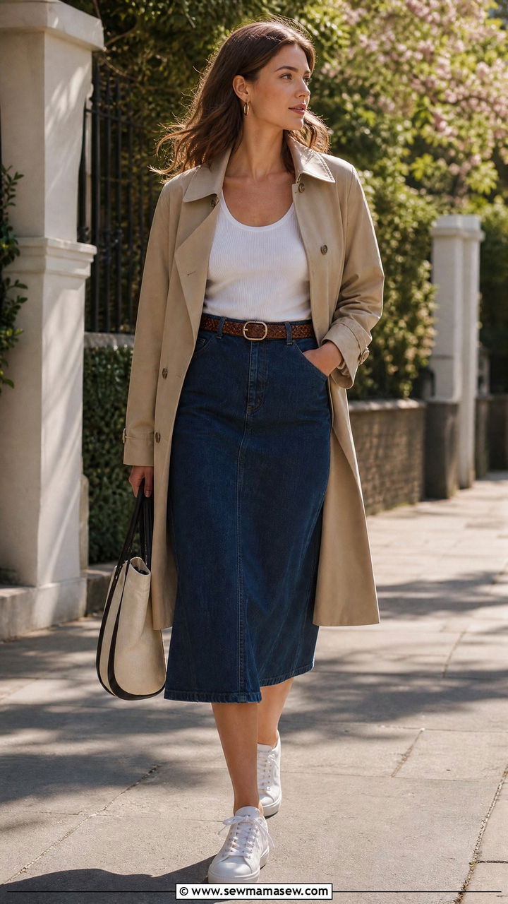 Trench Coat With Denim Midi Skirt And White Sneakers - 25 Old money outfit ideas with trench coat