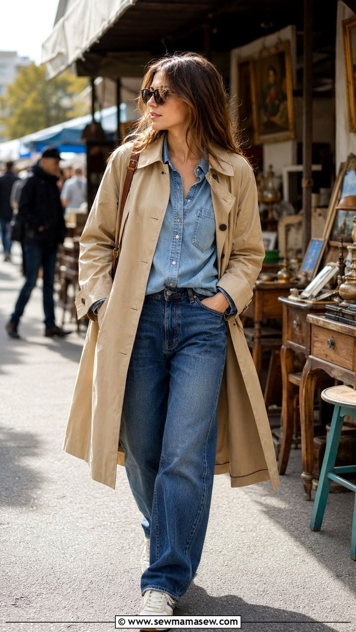 Trench Coat With Denim Shirt and Retro Sneakers - 25 Baggy jeans outfit ideas with a trench coat
