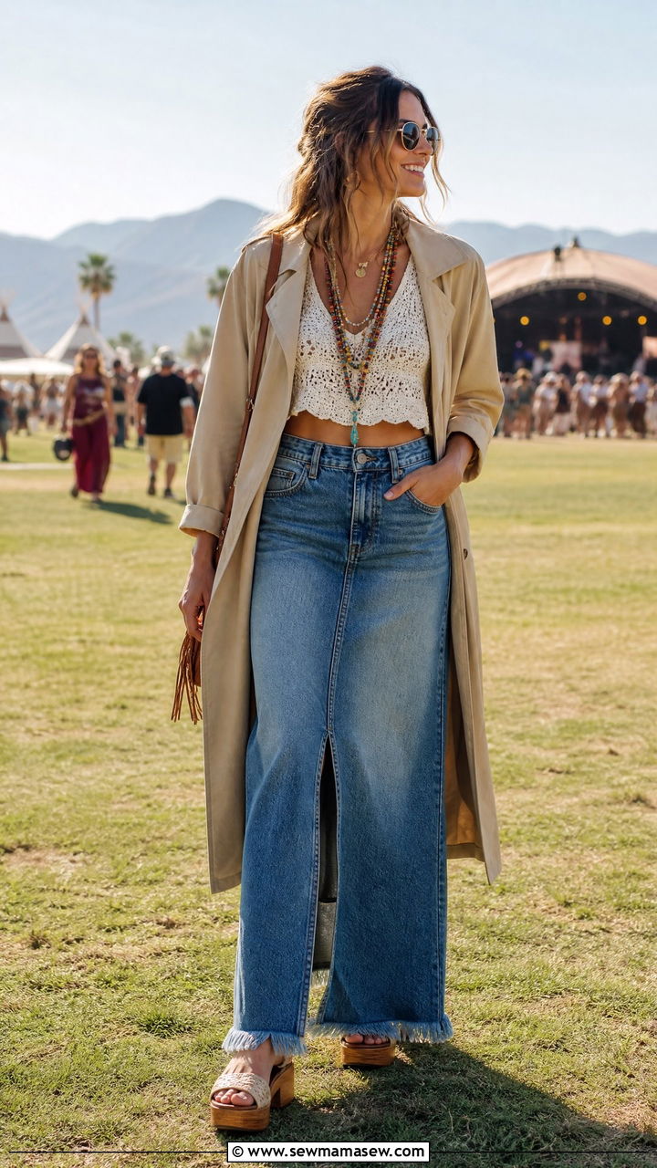 Trench Coat With Denim Skirt And Crochet Top Outfit - 30 Summer outfits with trench coat