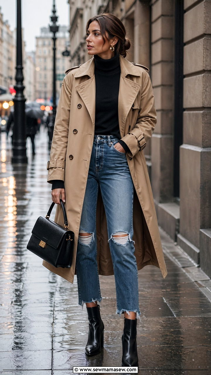 Trench Coat With Distressed Jeans - 35 Distressed jeans outfit ideas