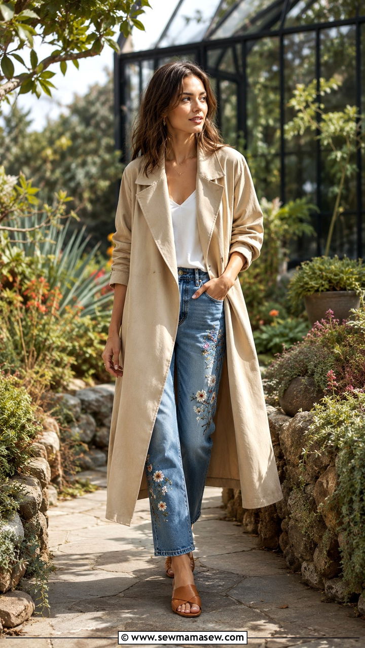 Trench Coat With Embroidered Jeans and Simple Mule Sandals - 30 Long trench coat outfit ideas with jeans
