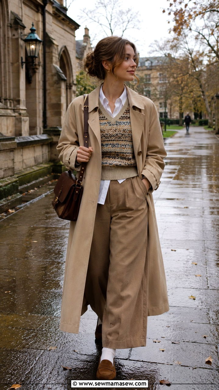 Trench Coat With Fair Isle Vest And Camel Trousers Outfit Light Academia - 30 casual light academia outfits