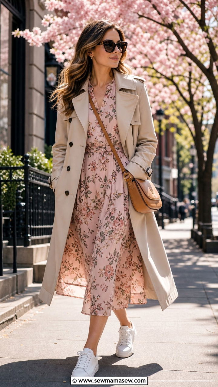 Trench Coat With Floral Dress Spring Outfit - 25 spring outfit ideas inspo
