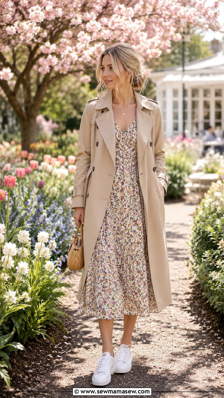 Trench Coat With Floral Midi Dress And Low Top Sneakers - 30 Spring outfits with trench coats