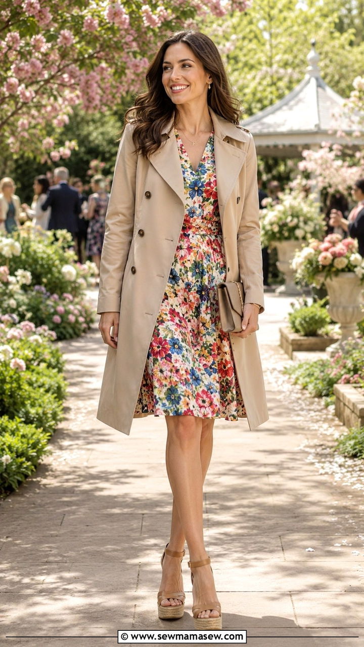 Trench Coat With Floral Print Dress And Wedge Heels - 30 Spring outfits with trench coats
