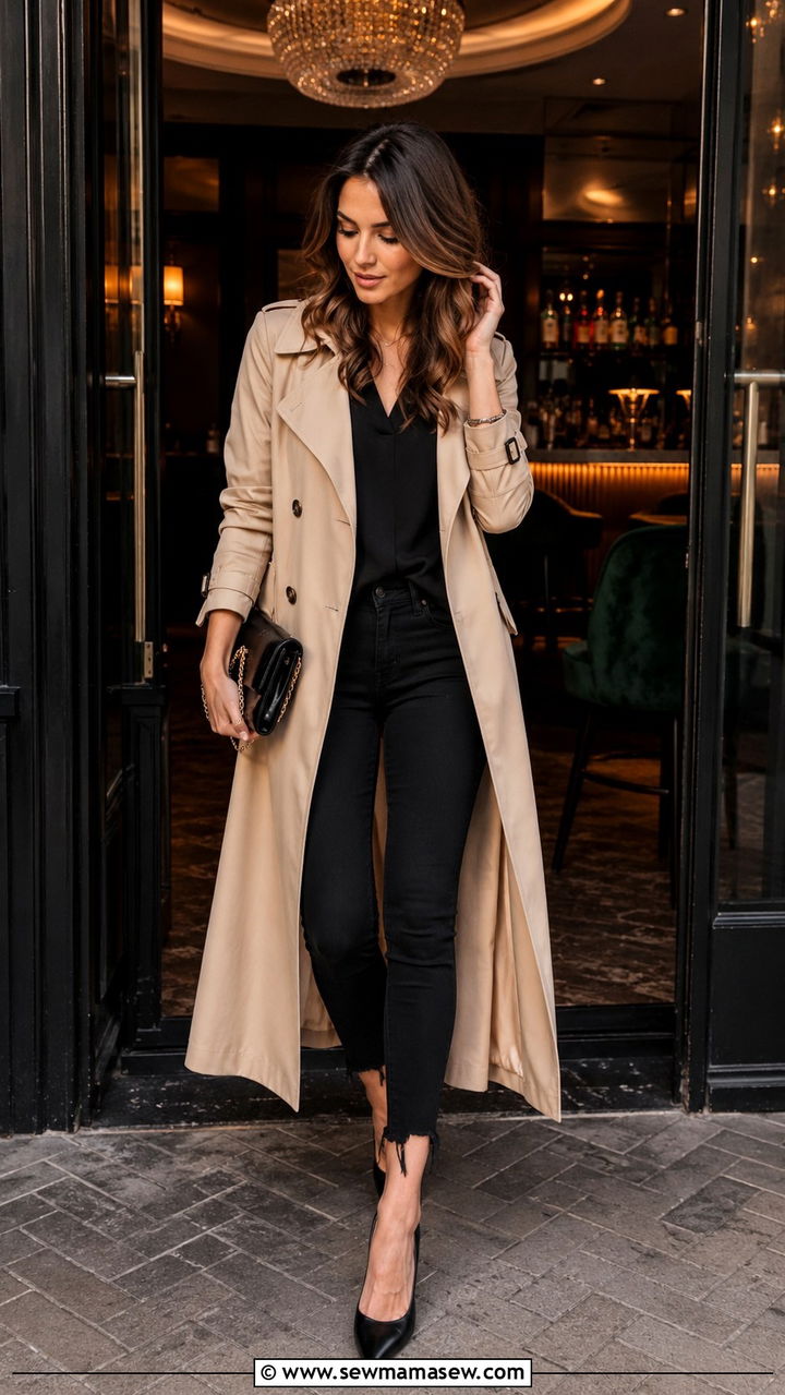 Trench Coat With Frayed Skinny Jeans and Pointed Toe Pumps - 30 Long trench coat outfit ideas with jeans