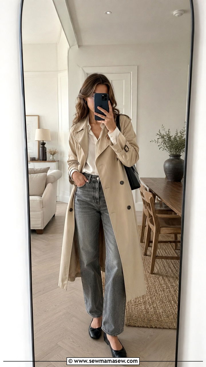 Trench Coat With Gray Jeans and Ballet Flats - 30 Long trench coat outfit ideas with jeans