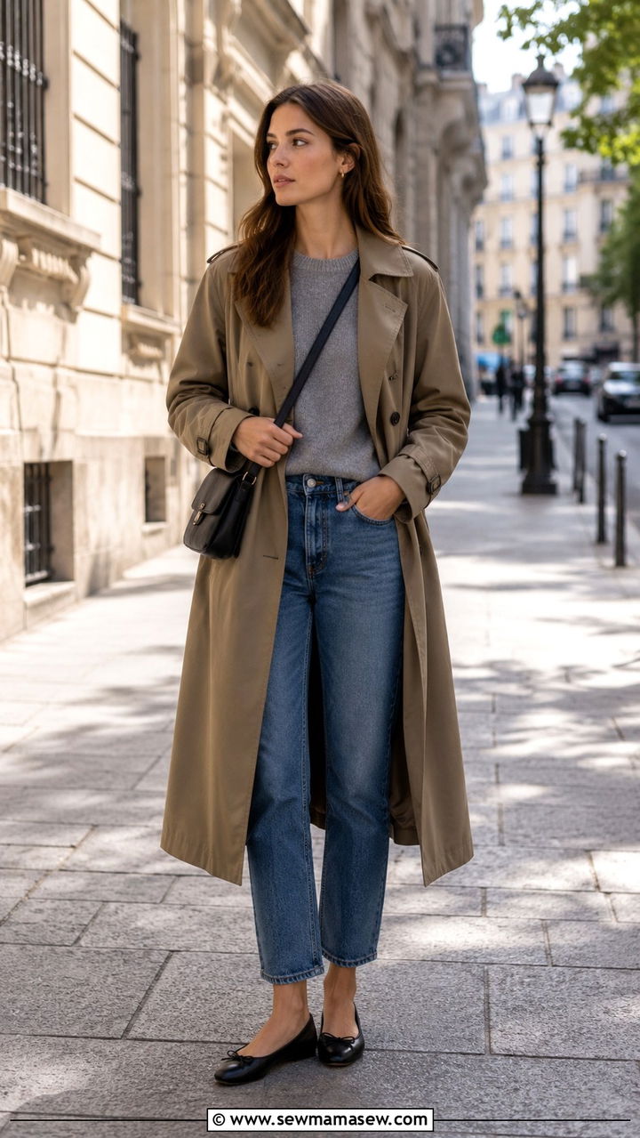 Trench Coat With Gray Sweater and Ballet Flats - 20 fashion inspo outfits to copy