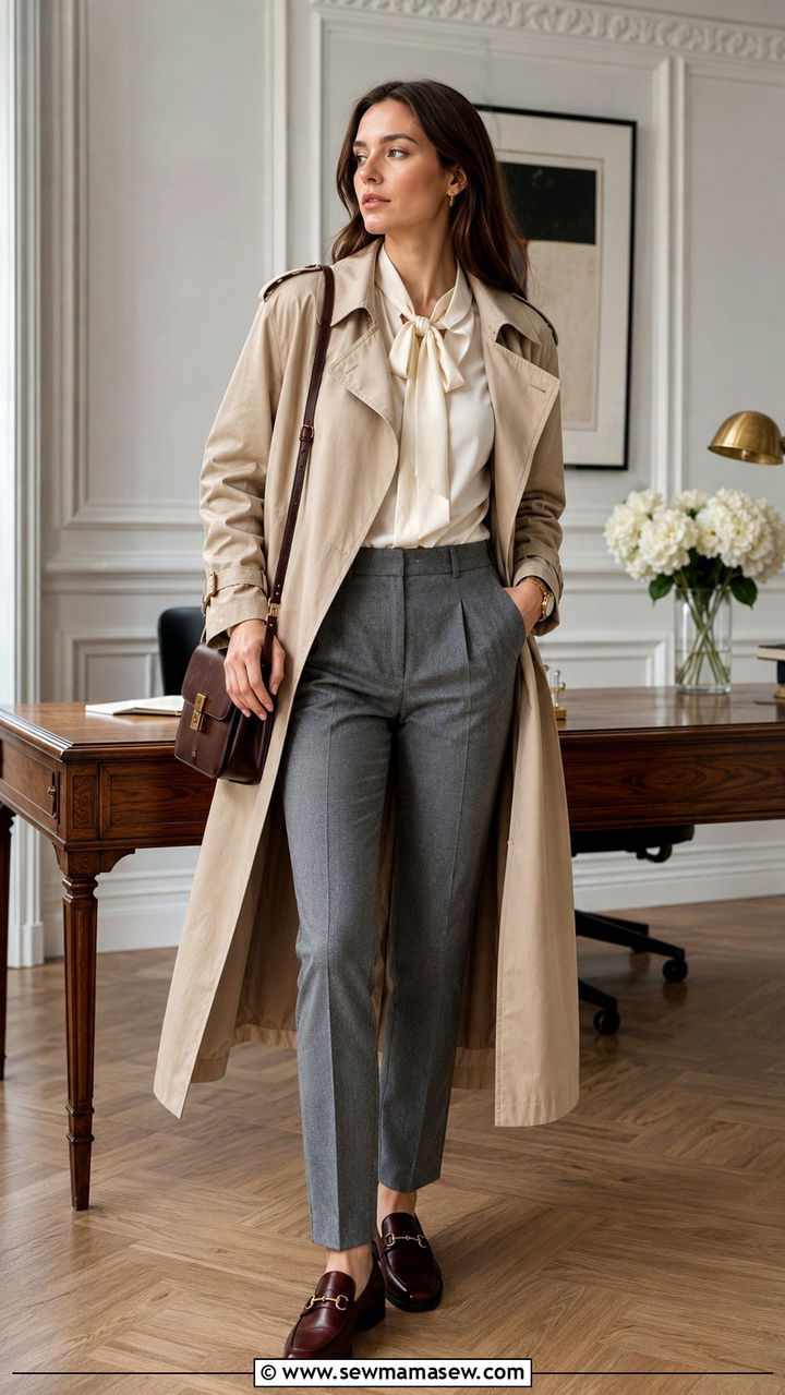 Trench Coat With Grey Flannel Trousers And Burgundy Loafers - 25 Old money outfit ideas with trench coat