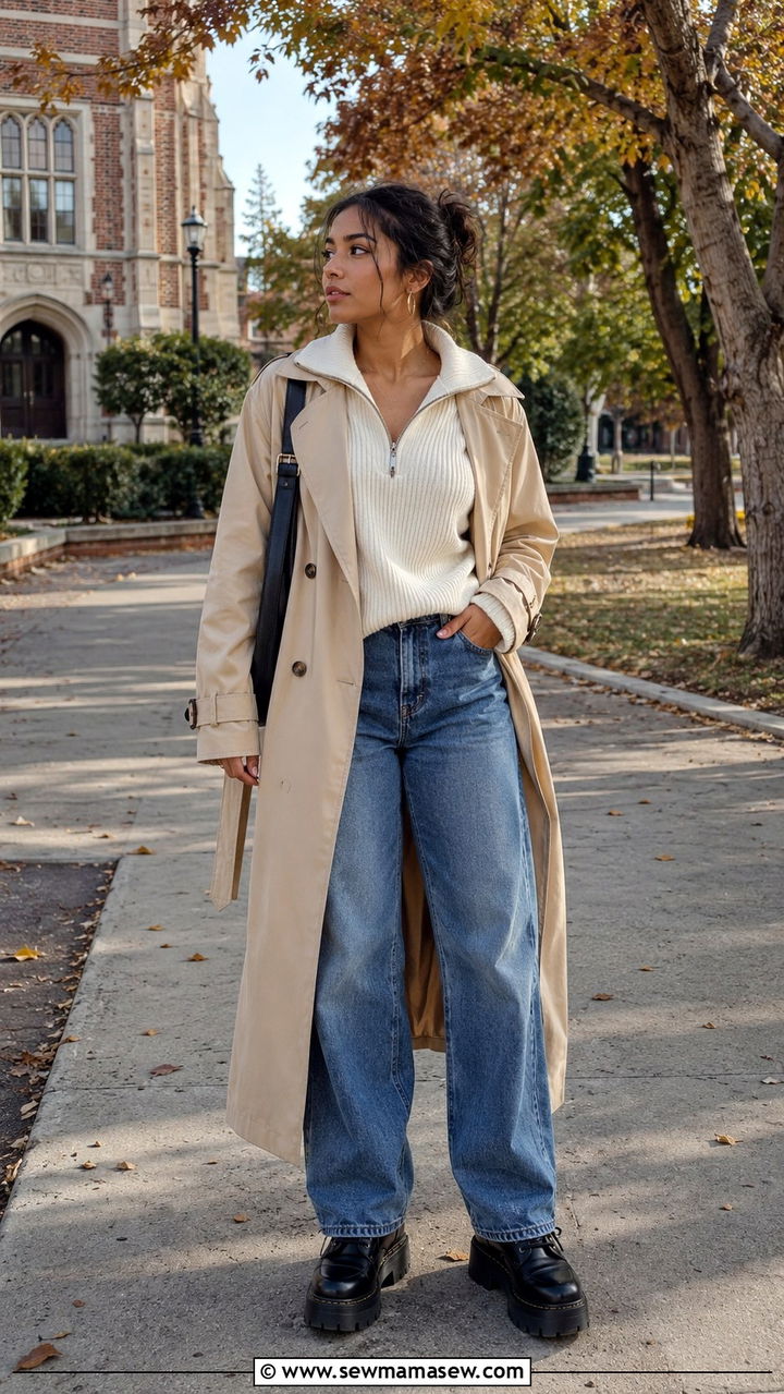 Trench Coat With Half Zip Sweater and Platform Boots - 25 Baggy jeans outfit ideas with a trench coat